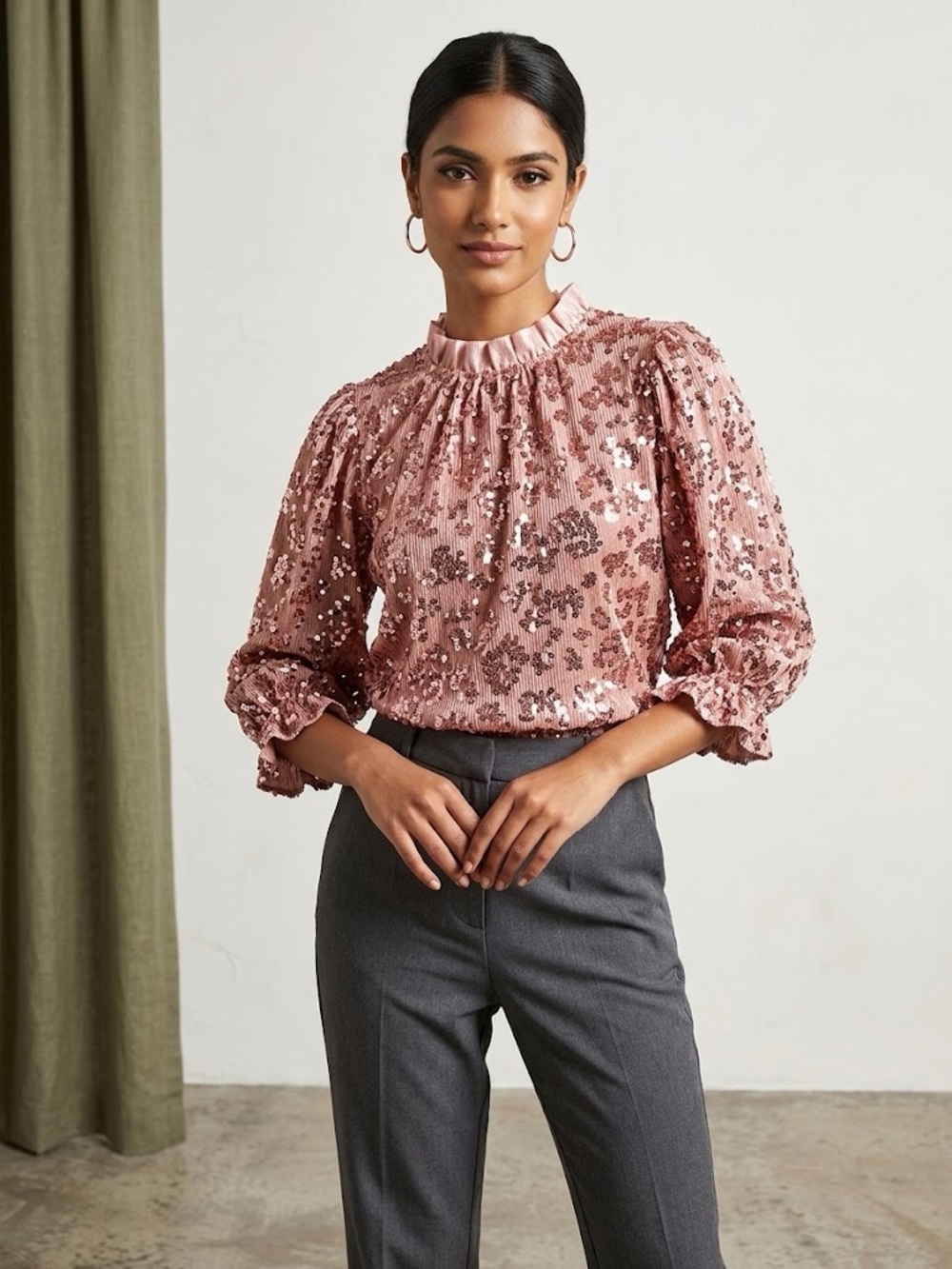 THML Dusty Rose Sequin Ruffle-Neck Blouse